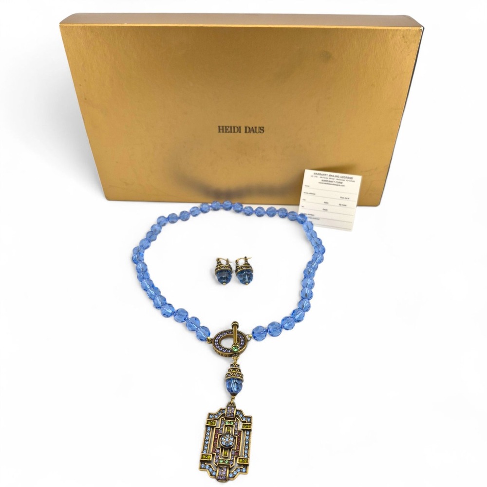 Heidi Daus Rhinestone Necklace Earrings Set Blue Crystal Purple Gold Tone